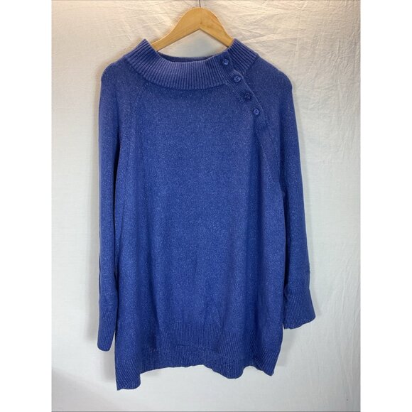 New Talbots Womens Sweater 2x Blue Button Mock Neck Knit Stretch Ribbed Top - Picture 1 of 9